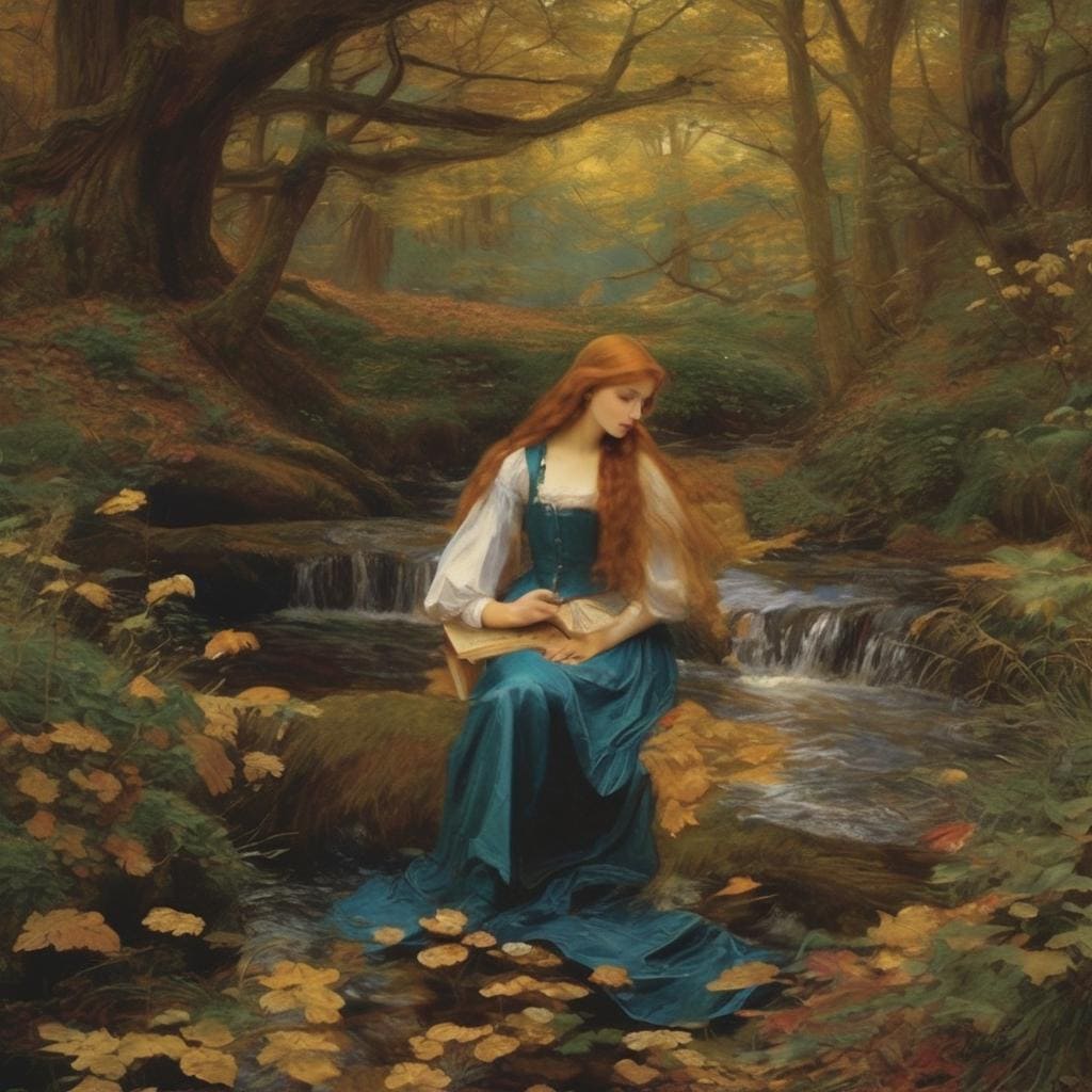Αρμονία με τη φύση, νερά και δέντρα, γυναικεία φιγούρα, μαγική αίσθηση, δημιουργία τέχνης, ηρεμία και έμπνευση.