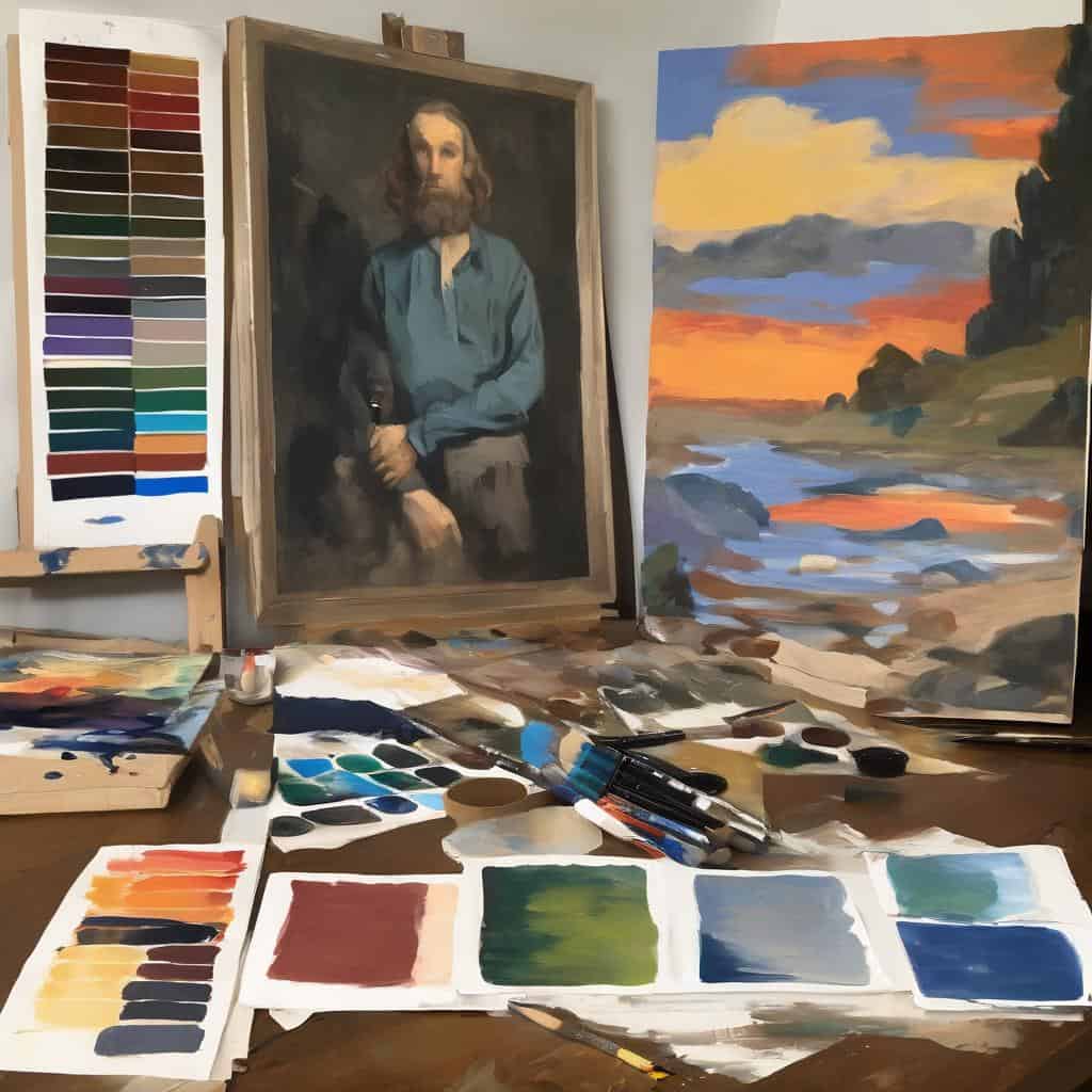 Ζωγραφική τοπίο ηλιοβασιλέματος με καμβά και χρωματικές παλέτες.