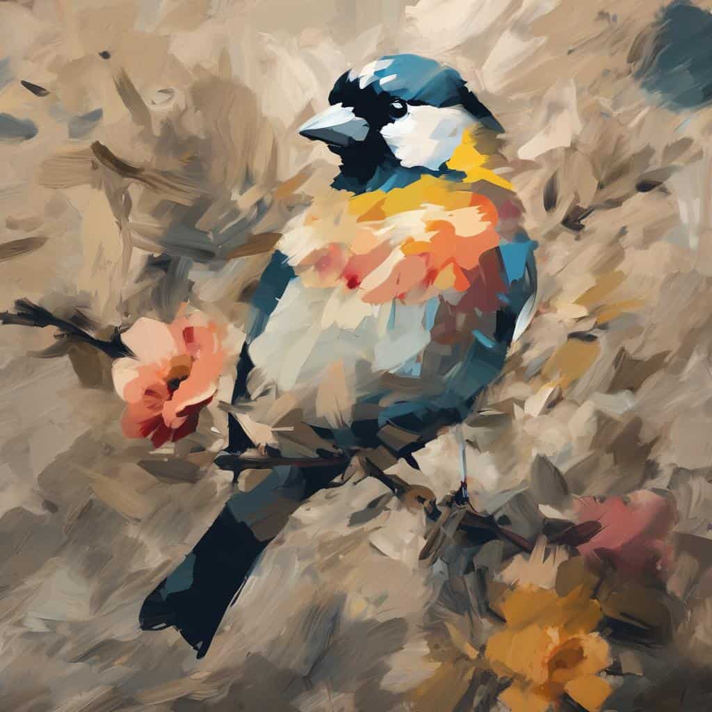 Αρμονία και δημιουργία στη φύση με πουλιά σε ζωγραφική τεχνική, αναδεικνύοντας τις αντιστάσεις της δημιουργίας.